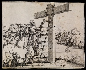 view Christ carries the bodily remains of the dead up a ladder to his position on the cross. Etching by A. Hirschvogel, 1547.