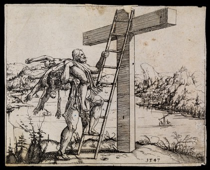 Christ carries the bodily remains of the dead up a ladder to his position on the cross. Etching by A. Hirschvogel, 1547.