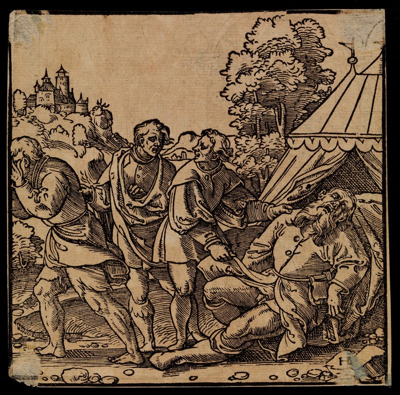 Noah in his drunkenness being exposed by Ham. Woodcut by H. Brosamer, 1550., [1550], by Hans Brosamer