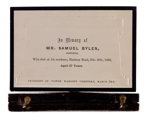 Funeral card with case. Samuel Byles. 185-.