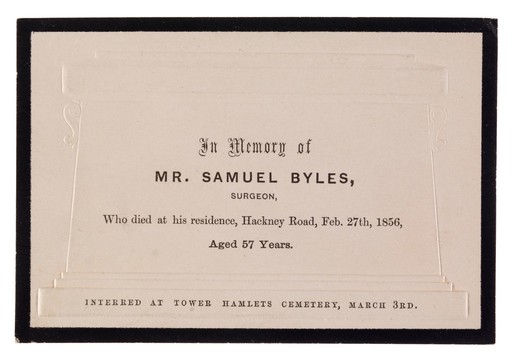 Funeral card. Samuel Byles. 185-.