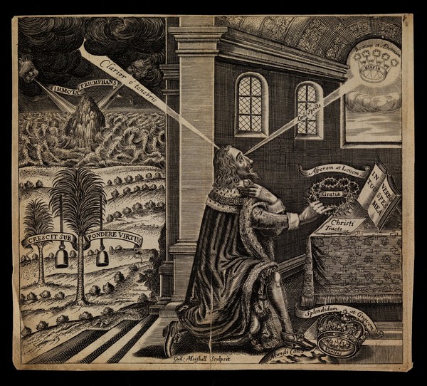 King Charles I praying. Engraving by W. Marshall, 1649.