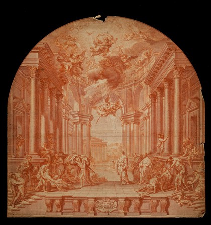 Christ healing the lame at the pool of Bethesda. Etching by M. Sorello after S. Conca.