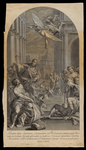 view Christ healing lame people at the pool of Bethesda. Etching by D. Cunego, 1779, after J.A. Calvi after L. Carracci.