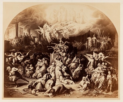 The four apostles announcing the fall of Jerusalem; in the foreground the Holy Family on the flight into Egypt: behind them triumphant Romans. Photograph of an engraving.