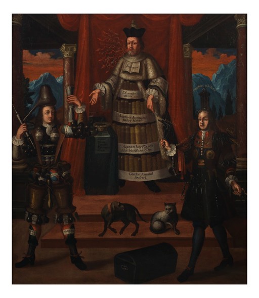 Personifications of medicine, pharmacy and surgery. Oil painting after (?) Nicolas de Larmessin II (1638-1694).