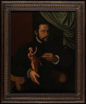 A man holding an écorché statuette. Oil painting.