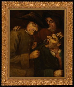 A blacksmith extracting a tooth. Oil painting in the manner of John Collier, known as "Tim Bobbin".