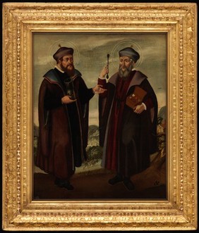 Saint Cosmas and Saint Damian in a landscape. Oil painting by a Spanish painter, 17th century.