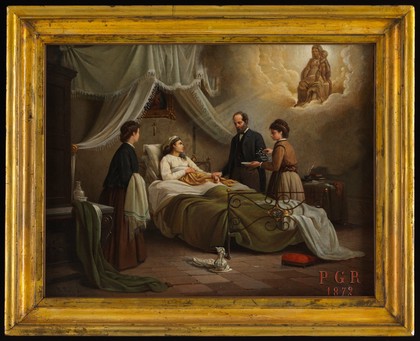 A woman in bed in a sick-room, attended by a physician, receiving the blessing of the Madonna del Parto. Oil painting by R. Pistoni, 1872.