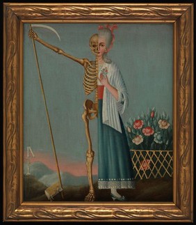 A woman divided into two, representing life and death. Oil painting.