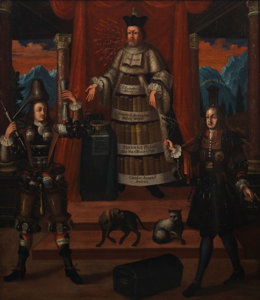 Personifications of medicine, pharmacy and surgery. Oil painting after (?) Nicolas de Larmessin II (1638-1694).