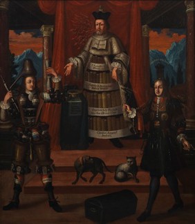 Personifications of medicine, pharmacy and surgery. Oil painting after (?) Nicolas de Larmessin II (1638-1694).