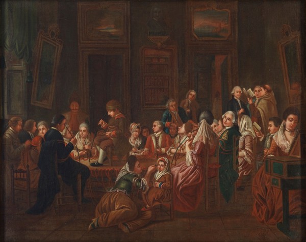 Mesmeric therapy. Oil painting by a French (?) painter, 1778/1784.