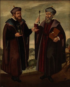 SS. Cosmas and Damian in a landscape. Oil painting, 17th c.