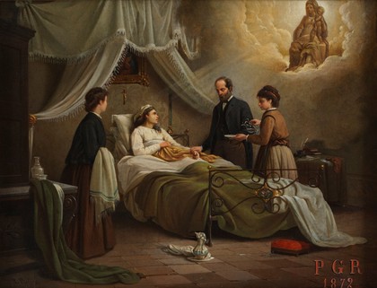 A woman in bed in a sick-room, attended by a physician, receiving the blessing of the Madonna del Parto. Oil painting by R. Pistoni, 1872.