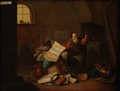 An alchemist in his laboratory. Oil painting after D. Teniers II.