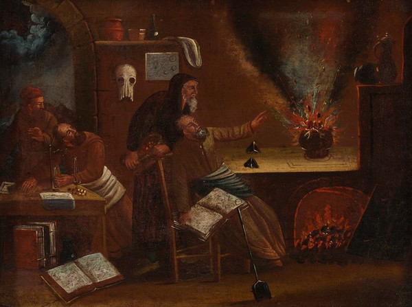 An explosion in a laboratory. Oil painting.