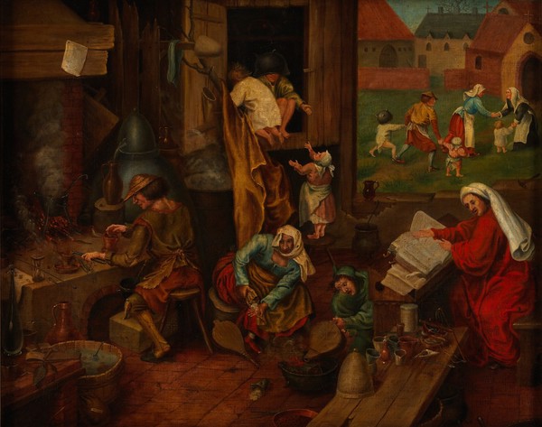 An alchemist. Oil painting after Pieter Bruegel.