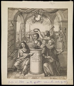 Francis Bacon and William Brouncker flanking a bust of King Charles II set on a pedestal, surrounded by symbols of scientific learning representing the Royal Society. Etching by W. Hollar, 1667, after J. Evelyn.