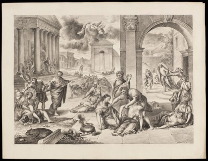 The plague of the Israelites. Drawing by M. Penley, 18--, after G.E. Petit after P. Mignard.