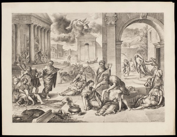 The plague of the Israelites. Drawing by M. Penley, 18--, after G.E. Petit after P. Mignard.