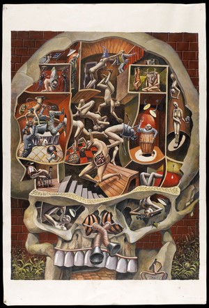 view A human skull with scenes representing mental activities. Gouache painting by R. Ennis, 1991.