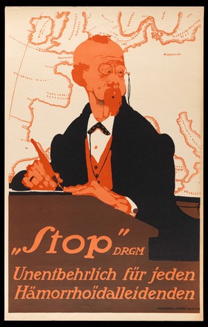 view A worried sedentary office worker needing a cure for haemorrhoids; advertising the "Stop" remedy for haemorrhoids. Colour lithograph by P. Scheurich, ca. 1910.