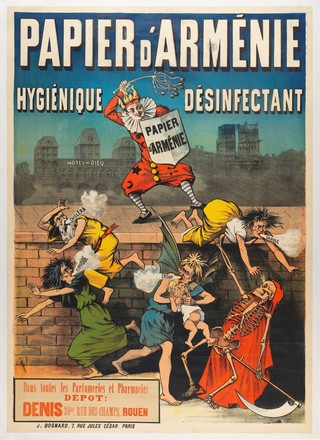 A jester representing the disinfectant Papier d'Arménie scourges figures representing the infectious diseases cholera, typhoid, diphtheria and smallpox. Colour lithograph by A. Van Geleyn, ca. 1890.
