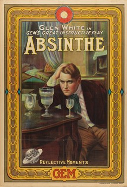 An absinthe addict eyeing three glasses on a table; advertisement for film "Absinthe". Colour lithograph, ca. 1913.