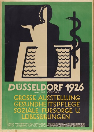Hygieia as a personification of hygiene: a woman holding up the palm of her hand on the left and holding the staff of Aesculapius on the right, with water in the background; advertising an exhibition in Düsseldorf on health and welfare. Colour lithograph after L. ten Hompel, 1926.