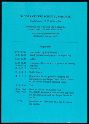 view Programme for the Sanger Centre Science Jamboree