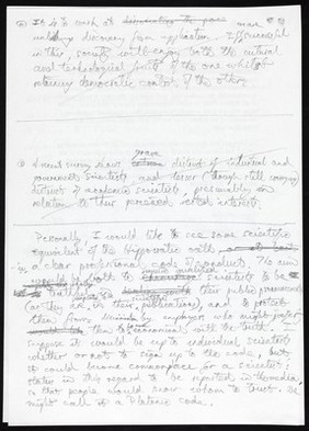 Handwritten draft of Sulston's article on faith in science