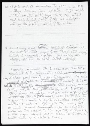 view Handwritten draft of Sulston's article on faith in science