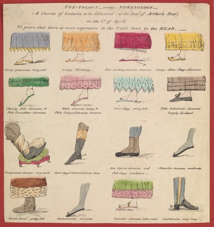 Sixteen feet in profile, of women and men: a parody of phrenology. Coloured etching.