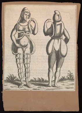 A statue of Attis, front and back views, showing male genitals and female breasts. Engraving, 1669.