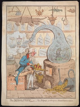 William Pitt the younger as an alchemist using a crown-shaped bellows to blow the flames of a furnace and heat a glass vessel in which the House of Commons is distilled; representing the dissolution of parliament by Pitt. Coloured etching by J. Gillray, 1796.