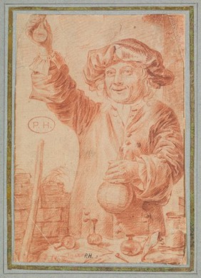 A medicine vendor holding up a small flask of medicine for sale. Red chalk drawing attributed to Nicolaes Walraven van Haeften.