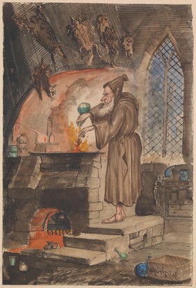 A hooded alchemist at a furnace; above him hang dead animals: caricature. Watercolour painting.