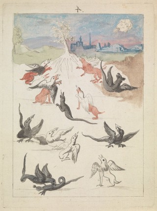 Dragons and griffins around a lone flowering tree in a landscape on the outskirts of a town; representing a stage in the alchemical process. Coloured etching after etching, ca. 17th century.