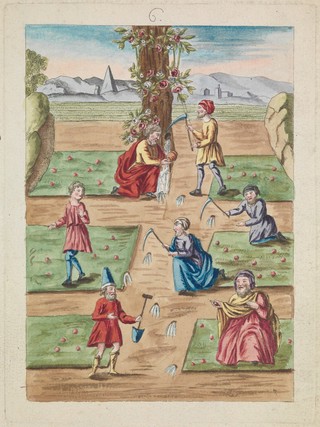 Men vainly seeking alchemical 'white' (mercurial) water in the ground and in trees. Coloured etching after etching, ca. 17th century.