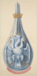 A three-headed eagle in a crowned alchemical flask, representing mercury sublimated three times. Watercolour painting by E.A. Ibbs.