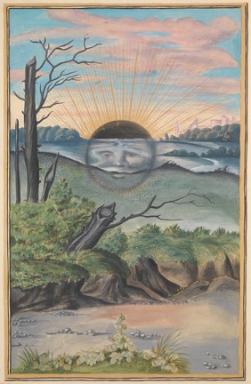 A black sun with a face descends behind the horizon of a marshy landscape; representing the state of putrefaction in alchemy. Watercolour painting by E.A. Ibbs.