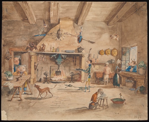 A room with hallucinatory beings and weird furnishings. Watercolour by Auguste Laurent, 1844.