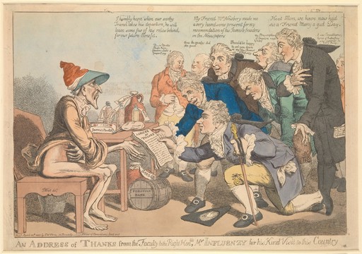Satirical etching of physicians expressing thanks to influenza, which is represented as a French visitor. Attributed to Temple West, 1803.