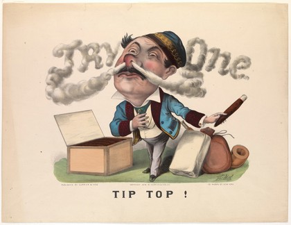 A smoker with huge head exhales cigar smoke which forms the words "try one". Coloured lithograph, c. 1879, after T. Worth.