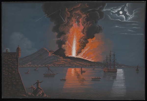 Mount Vesuvius erupting violently at night over the bay of Naples, with two spectators and a guard on watch from the castle in the foreground. Gouache painting.