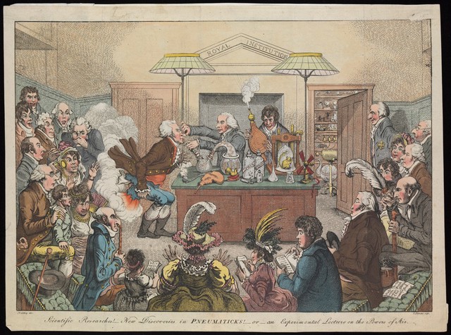 A lecture on pneumatics at the Royal Institution, London. Coloured etching by J. Gillray, 1802.