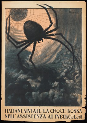 A giant spider catching crowds of humans in its web; representing tuberculosis. Colour lithograph by B. Cascella, ca. 1920.