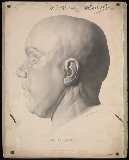 The death mask of William Palmer, the poisoner. Lithograph after M. Krantz, c. 1860.